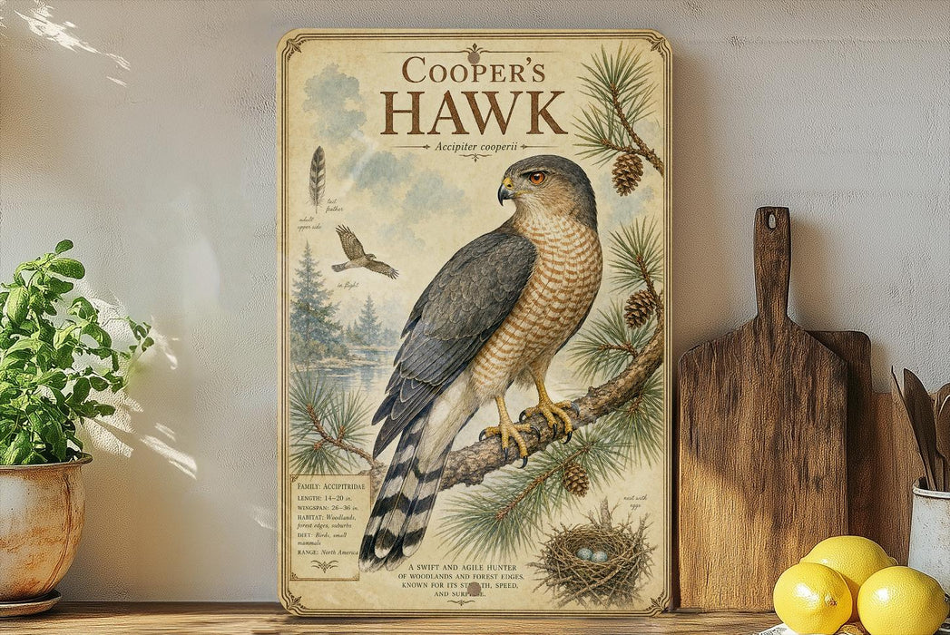 A framed illustration of a Cooper's Hawk, a bird of prey, is displayed on a shelf next to a wooden cutting board and some potted plants.