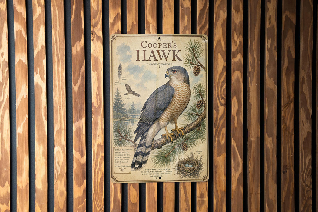 A metal sign with a picture of a hawk and text, mounted on a wooden wall.