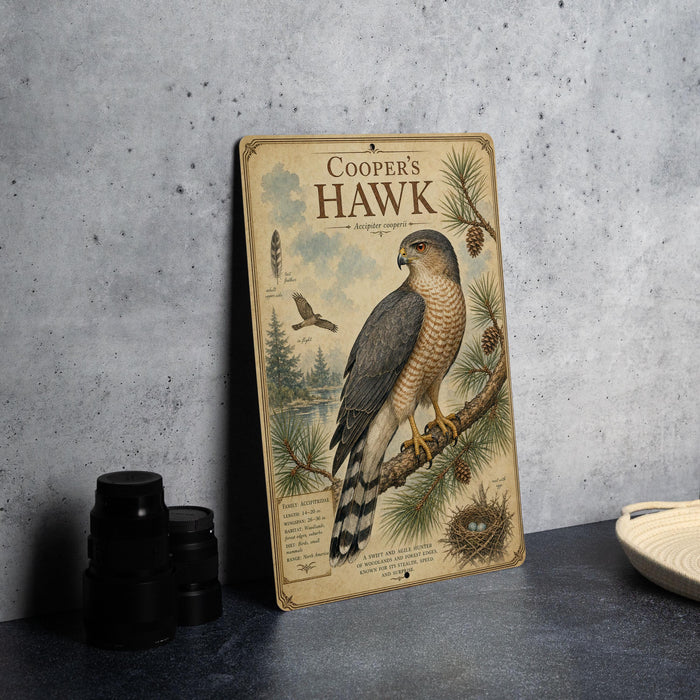 A vintage-style metal sign depicting a Cooper's Hawk, with illustrations and text about the bird.