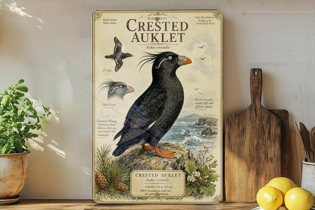 a framed illustration of a black bird, likely a crested auklet, perched on a rock with a coastal landscape in the background.
