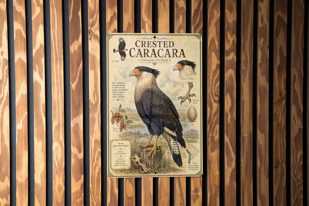 a poster or illustration of a bird, specifically a crested caracara, mounted on a wooden wall.