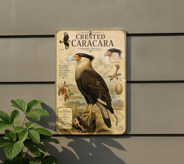 a detailed illustration of a crested caracara, a large bird of prey, perched on a tree stump. The illustration includes the bird's head, wings, and tail, as well as other features such as its sharp talons and beak. The background of the illustration depicts a natural setting with trees and mountains, providing a sense of the bird's habitat. The text on the illustration provides information about the crested caracara, including its size, habitat, and diet.