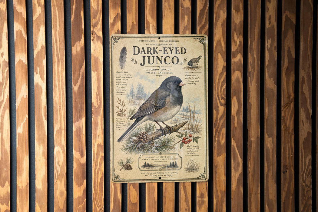 a vintage-style metal sign with a bird illustration, mounted on a wooden wall.