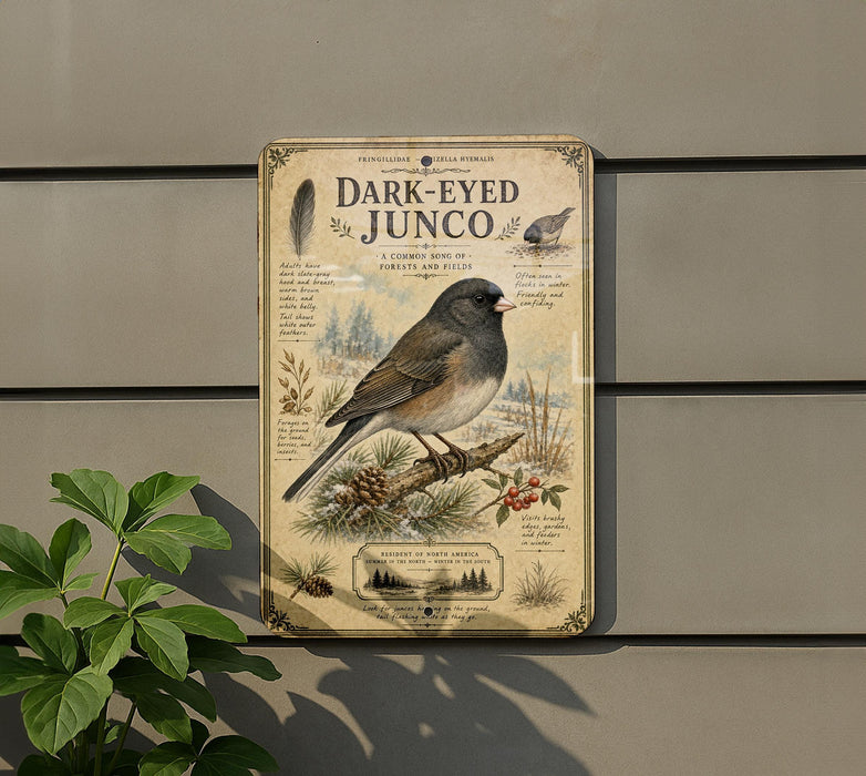 a vintage-style metal sign with a bird illustration, mounted on a wall next to a plant.