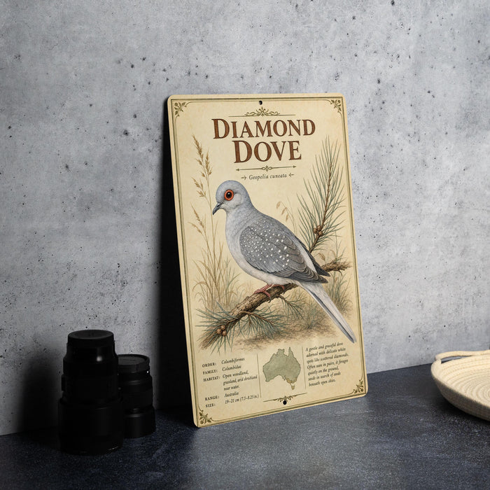 A vintage-style metal sign featuring an illustration of a diamond dove, with text describing the bird and its habitat.