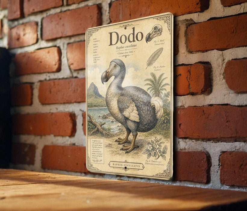 a vintage-style illustration of a dodo bird, a flightless bird native to the island of Mauritius, with detailed illustrations and text providing information about the species.