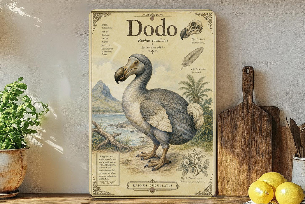 a poster of a dodo bird, which is a flightless bird native to Mauritius. The poster includes a detailed illustration of the dodo, along with its scientific name, name, and other relevant information. The poster is displayed on a shelf, surrounded by various kitchen utensils and a potted plant.