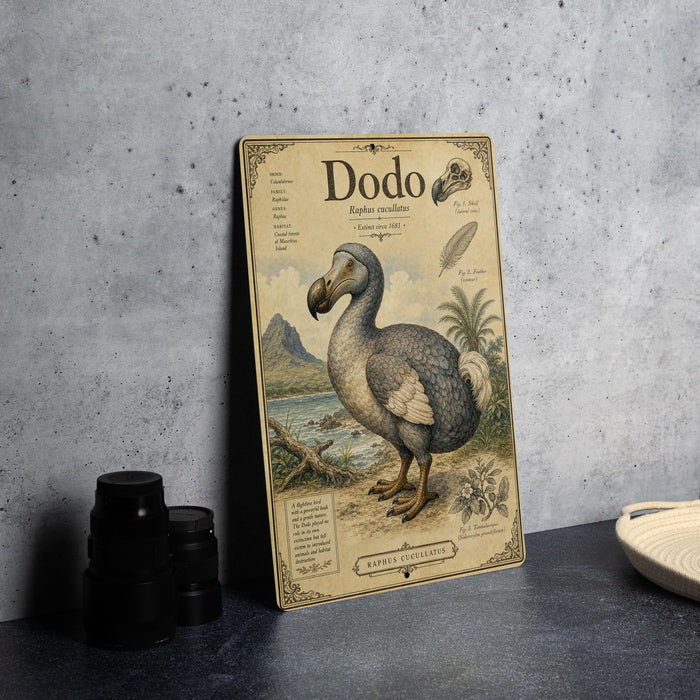 a poster or illustration of a dodo bird, which is a flightless bird native to the island of Mauritius. The poster includes detailed illustrations and text that provide information about the dodo, such as its appearance, habitat, and behavior.