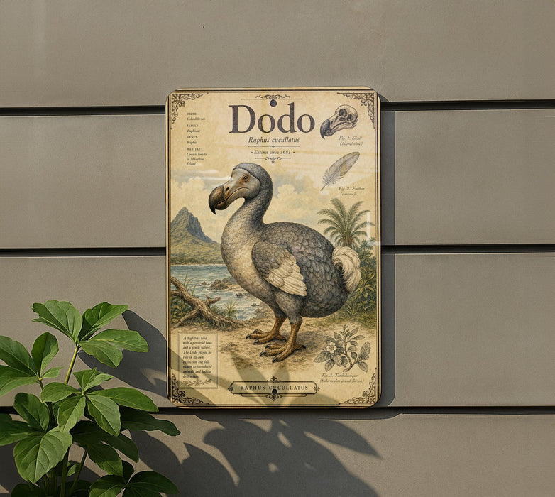 a vintage-style illustration of a dodo bird, which is a flightless bird native to the island of Mauritius. The dodo is depicted in a detailed and ornate illustration, showcasing its unique features and characteristics. The illustration is mounted on a wall, and there is a plant visible in the foreground.