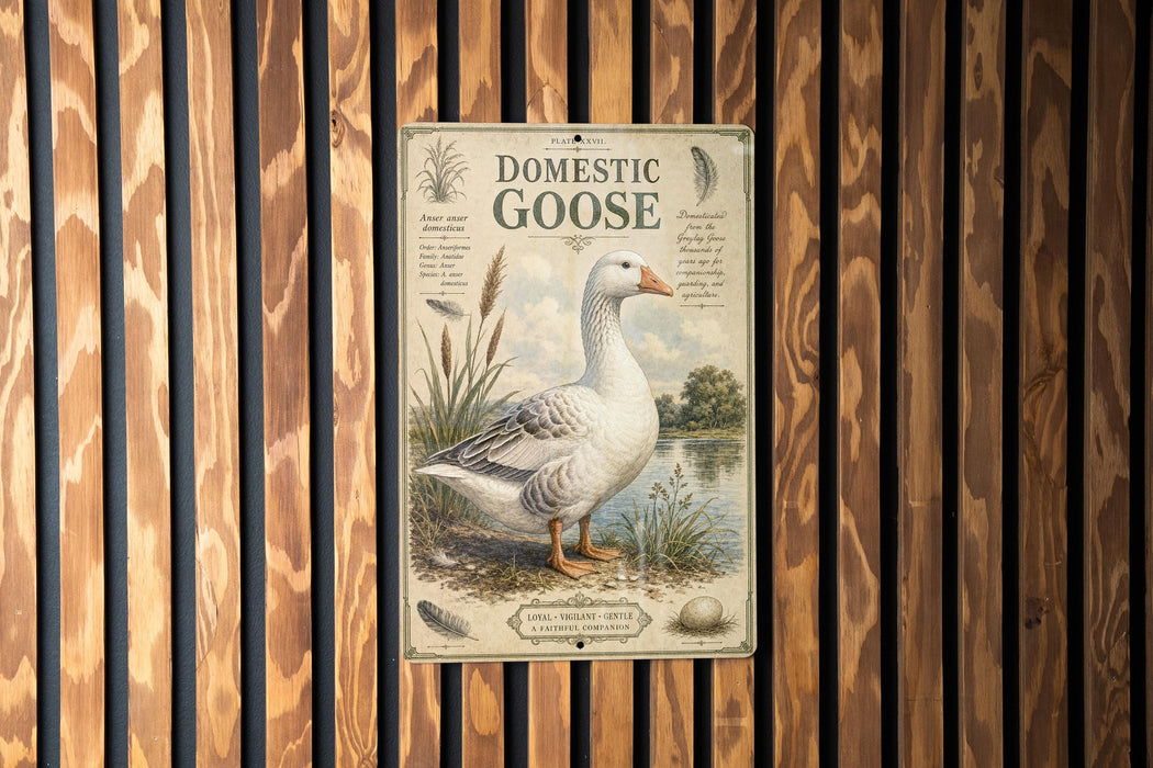 a vintage-style metal sign with a detailed illustration of a domestic goose, mounted on a wooden wall.