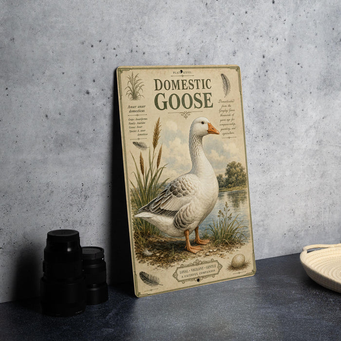 a vintage-style metal sign with a detailed illustration of a domestic goose, placed on a countertop next to some black camera lenses.