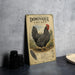 a vintage-style poster of a Dominique chicken, with a detailed illustration of the chicken and its surroundings.