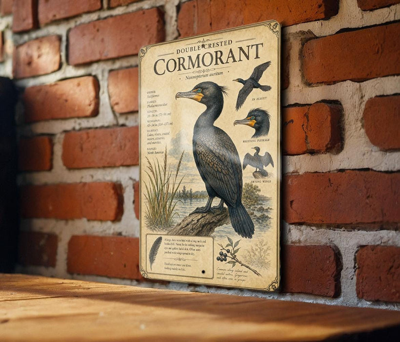 a vintage-style metal sign with a detailed illustration of a cormorant bird, mounted on a brick wall.