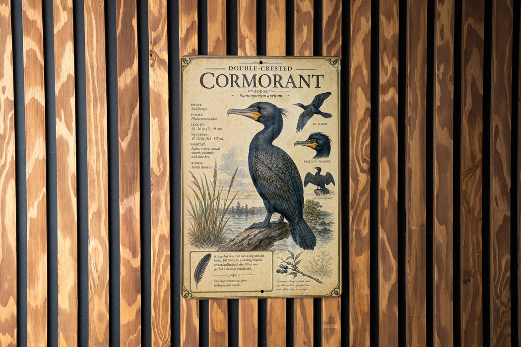 a poster or sign with illustrations and text about the Double Crested Cormorant, a large black bird with a distinctive crest.