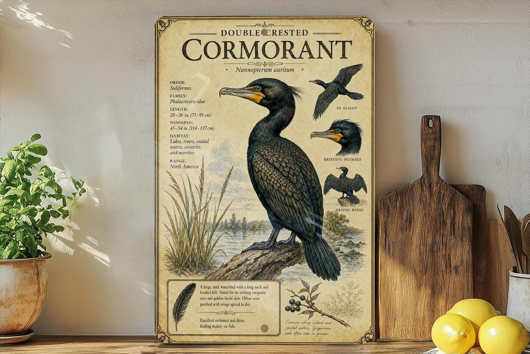 a vintage-style poster of a cormorant bird, with illustrations and text providing information about the species.