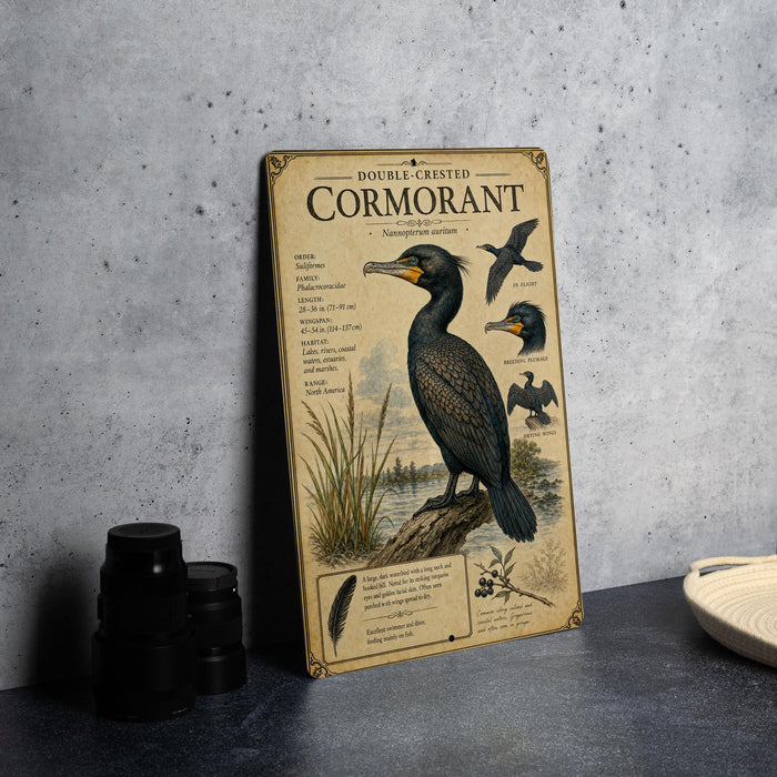 a detailed illustration of a cormorant, a large wading bird, with accompanying text and illustrations.
