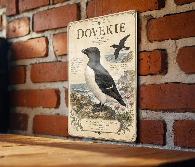 a vintage-style metal sign with a black and white illustration of a bird, likely a dove, perched on a rock. The sign is mounted on a brick wall, and there is a wooden table below it.