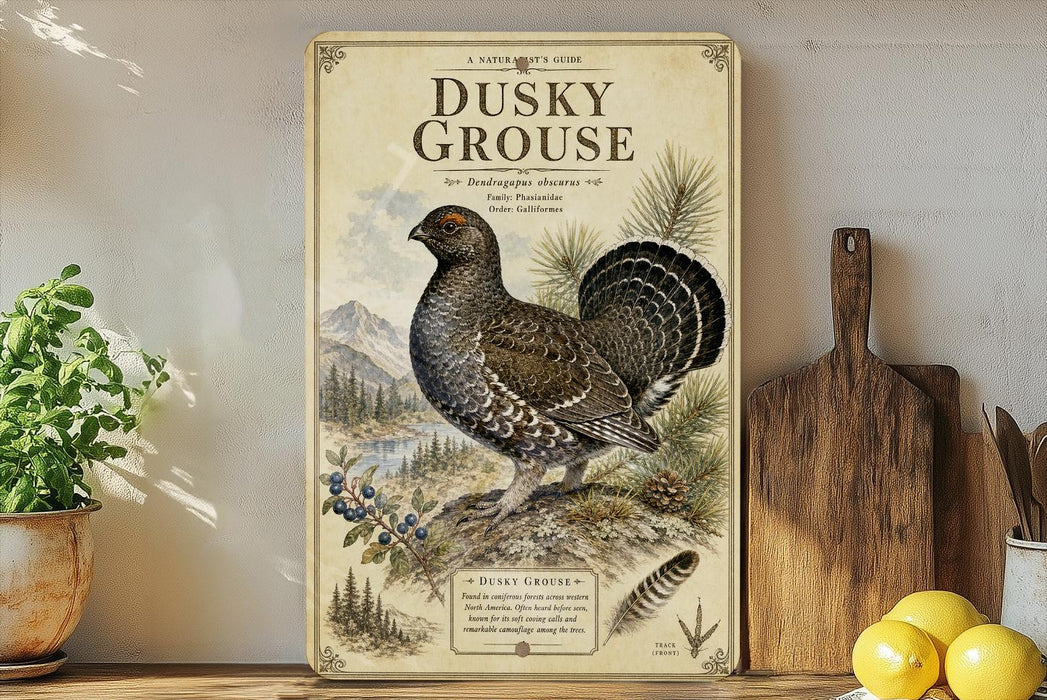 A vintage-style poster of a grouse bird, featuring a detailed illustration of the bird in a natural setting, is displayed on a wall next to a wooden cutting board and some kitchen utensils.