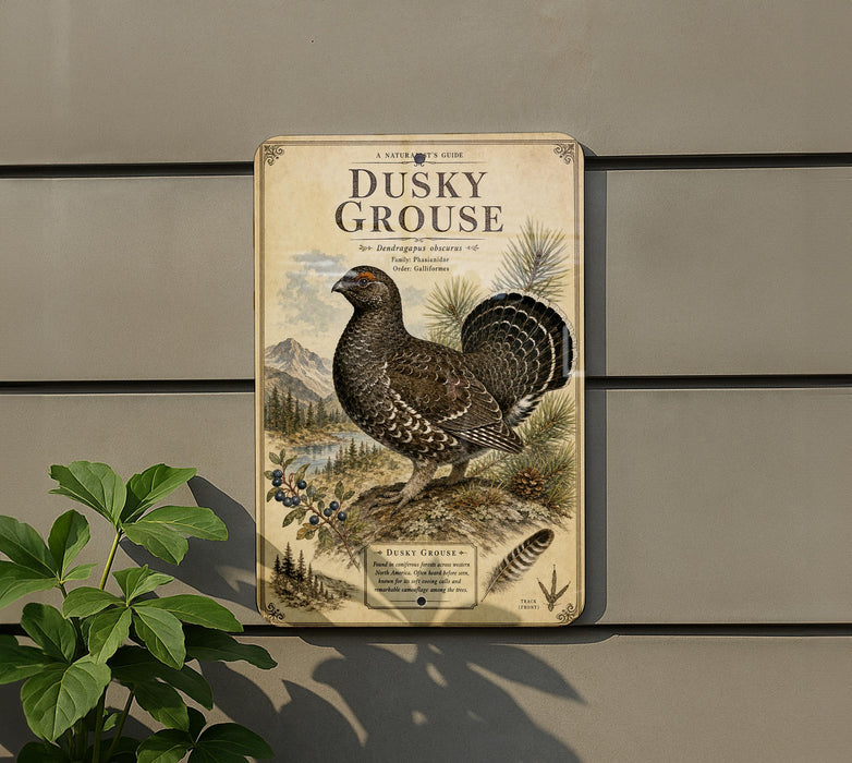a metal sign with an illustration of a bird, specifically a grouse, and text that appears to be a guide or description of the bird species.