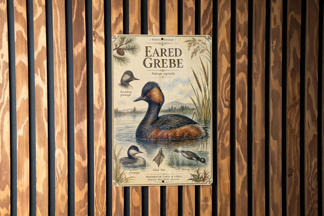 a poster of a water bird, specifically a duck, with illustrations and text about the bird.