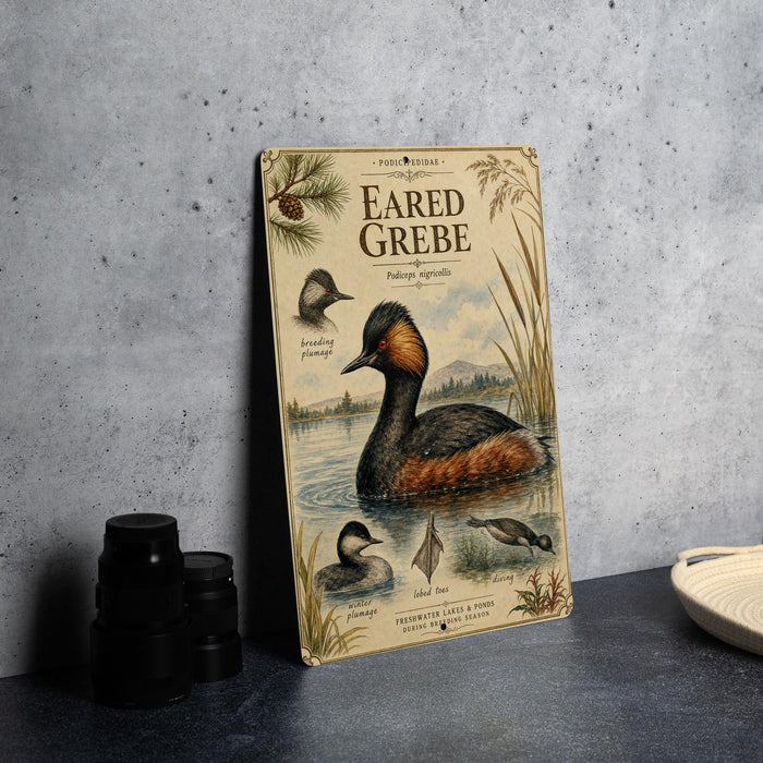 A vintage-style metal plaque featuring illustrations and text about the Eared Grebe, a type of water bird, with a blurred background of water and reeds.