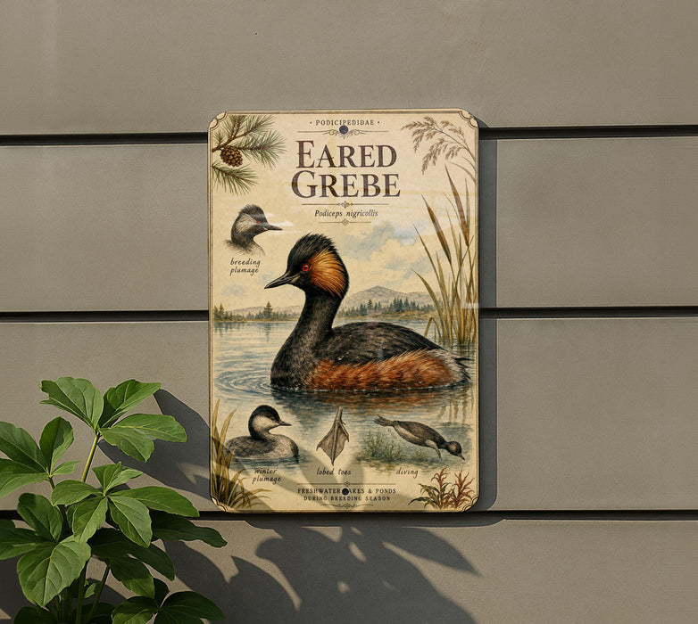 a sign with a detailed illustration of a bird, likely a water bird, swimming in a pond. The sign is mounted on a wall and is surrounded by greenery, including a plant.