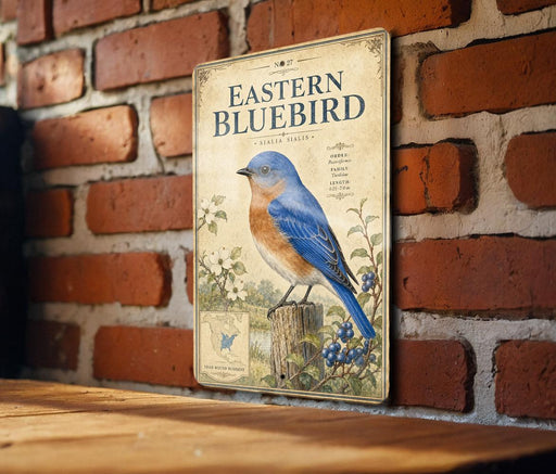 A vintage-style metal sign featuring an illustration of a bluebird perched on a tree stump, with a brick wall in the background.