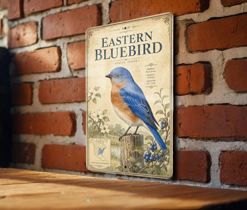 A vintage-style metal sign featuring an illustration of a bluebird perched on a tree stump, with a brick wall in the background.