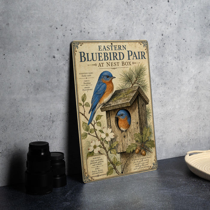 a vintage-style poster or artwork of a bluebird perched on a birdhouse, surrounded by flowers and leaves, with a text overlay that reads "Eastern Bluebird Pair at Nest Box".