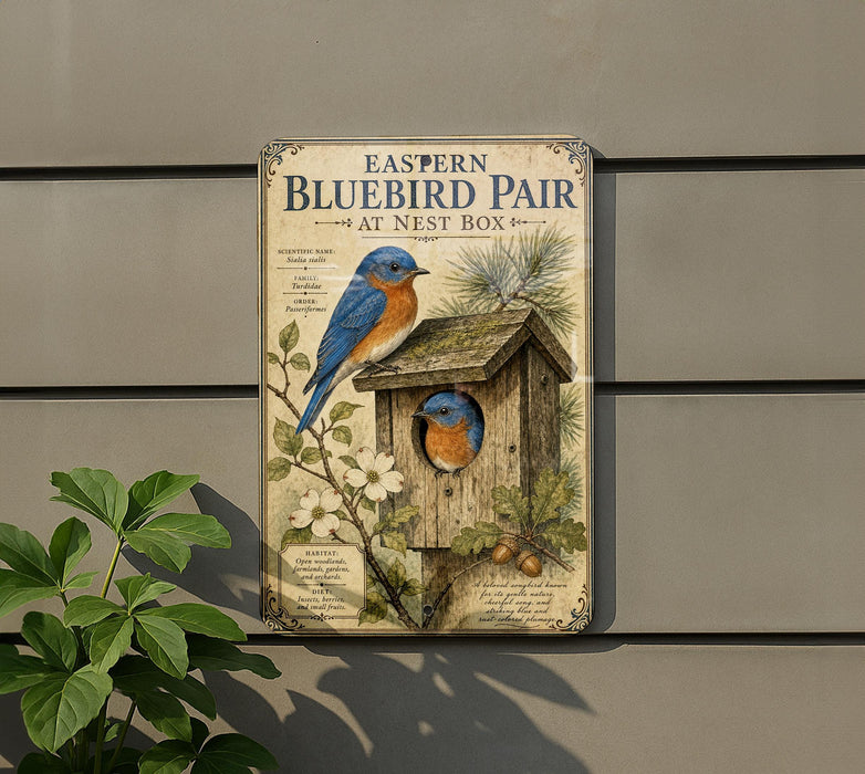 a vintage-style sign for the Eastern Bluebird Pair at the Nest Box, with illustrations of the bluebirds and a wooden birdhouse.