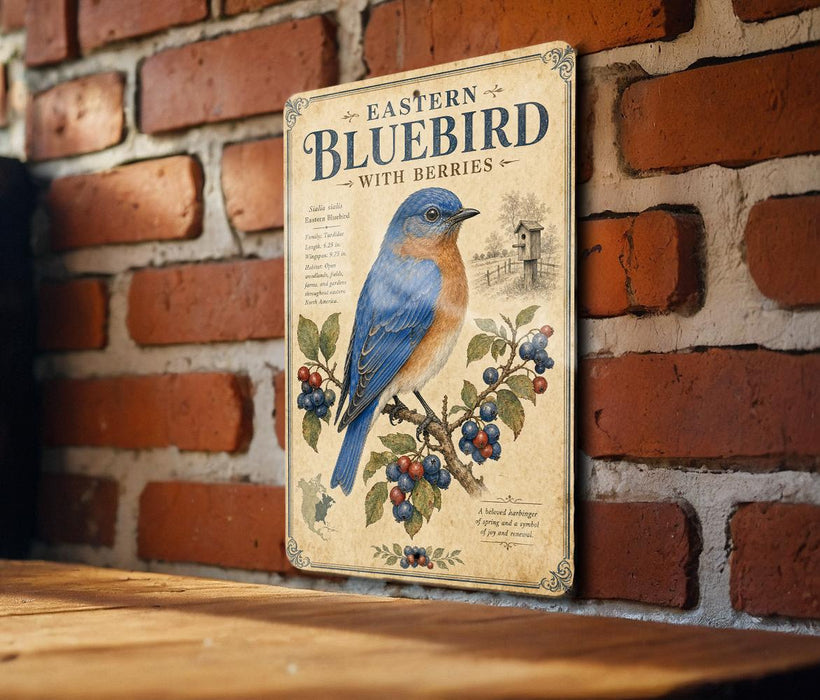 a vintage-style sign with a bluebird illustration and berries, mounted on a brick wall.