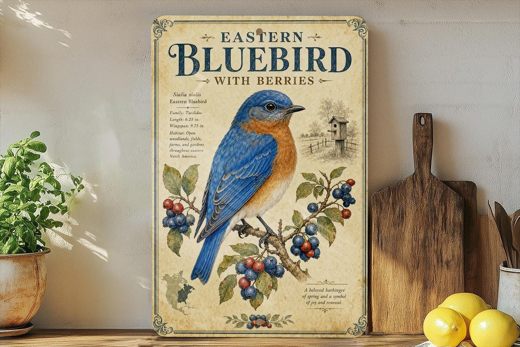 a vintage-style sign with a bluebird illustration, surrounded by various kitchen items such as a cutting board, lemons, and a potted plant.