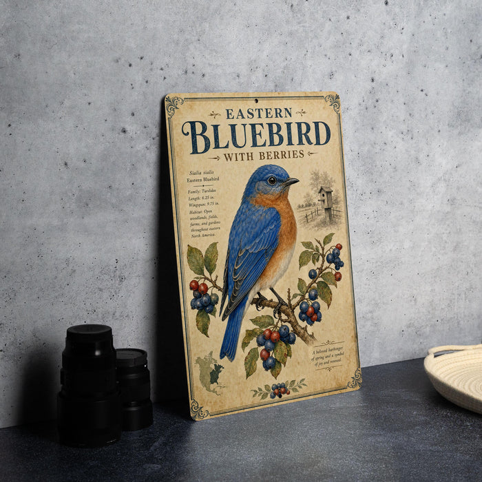 A vintage-style metal sign with an illustration of a bluebird and berries, placed on a gray countertop next to some black camera lenses.