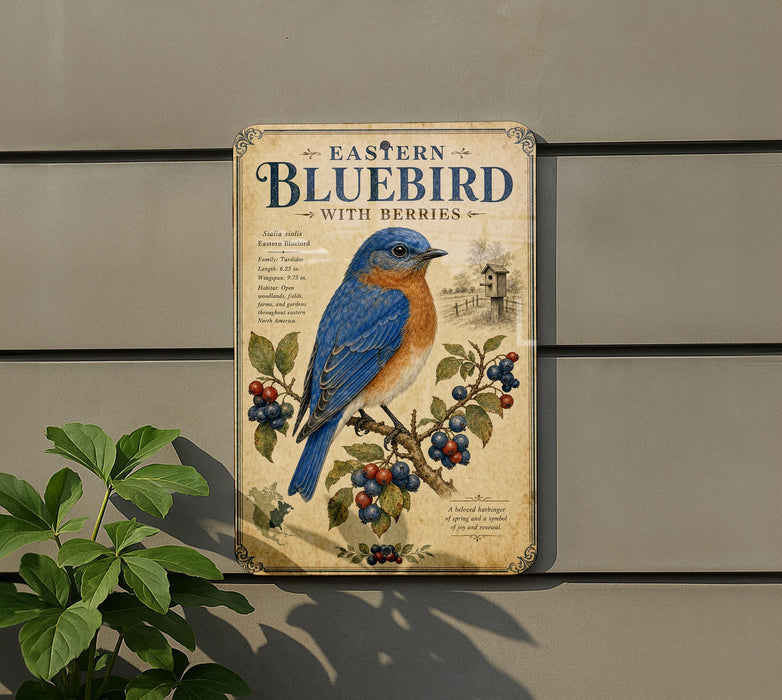 a vintage-style sign with a bluebird illustration, hanging on a wall next to a plant.