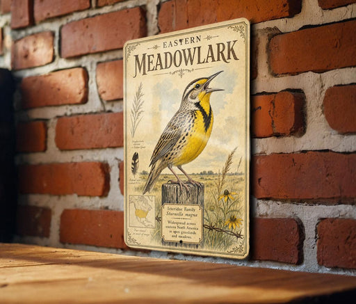 a vintage-style sign for the Eastern Meadow Meadow, with a detailed illustration of a yellow bird perched on a wooden post.