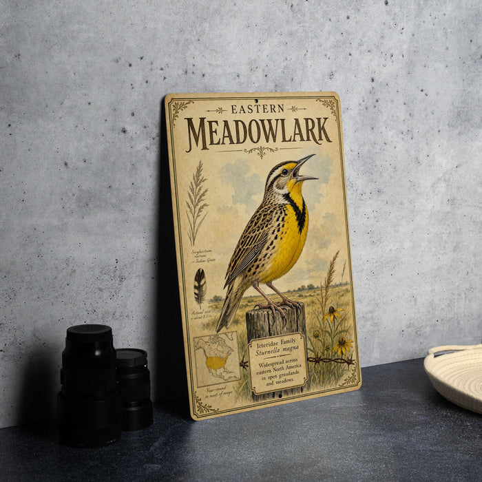 a vintage-style illustration of a yellow bird perched on a wooden post, with text and illustrations related to the Eastern Meadow area.