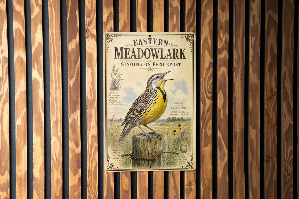 a vintage-style sign for Eastern Meadowlark singing on a fencepost, with a detailed illustration of a yellow and black bird perched on a wooden post.