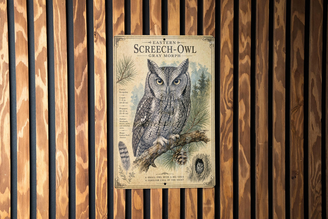 a poster of an owl, with a detailed illustration of the bird perched on a branch.