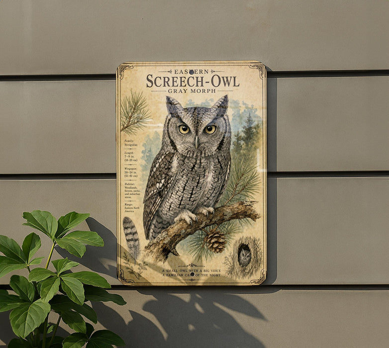 a detailed illustration of a Screech- Owl, a species of owl known for its distinctive appearance and habitat. The owl is perched on a branch, surrounded by pine needles and pine cones, creating a natural and serene setting. The image is mounted on a wall, and there is a plant visible in the foreground, adding a touch of greenery to the scene.