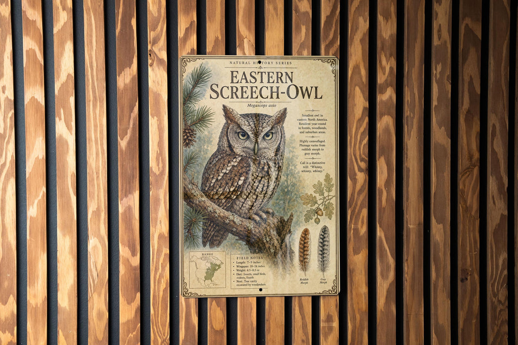 a poster of an Eastern Screech- Owl, which is mounted on a wooden wall.