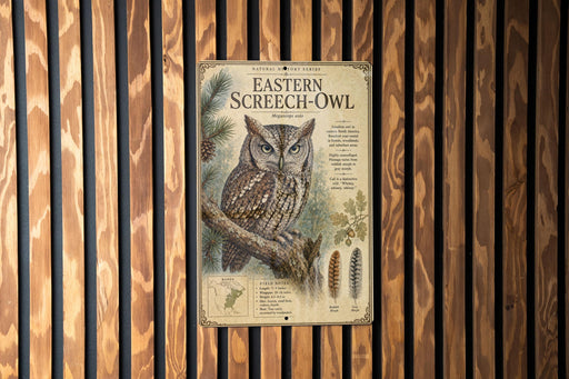a poster of an Eastern Screech- Owl, which is mounted on a wooden wall.