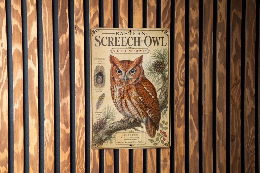a poster of an Eastern Screech- Owl, with a detailed illustration of the bird and its natural habitat.