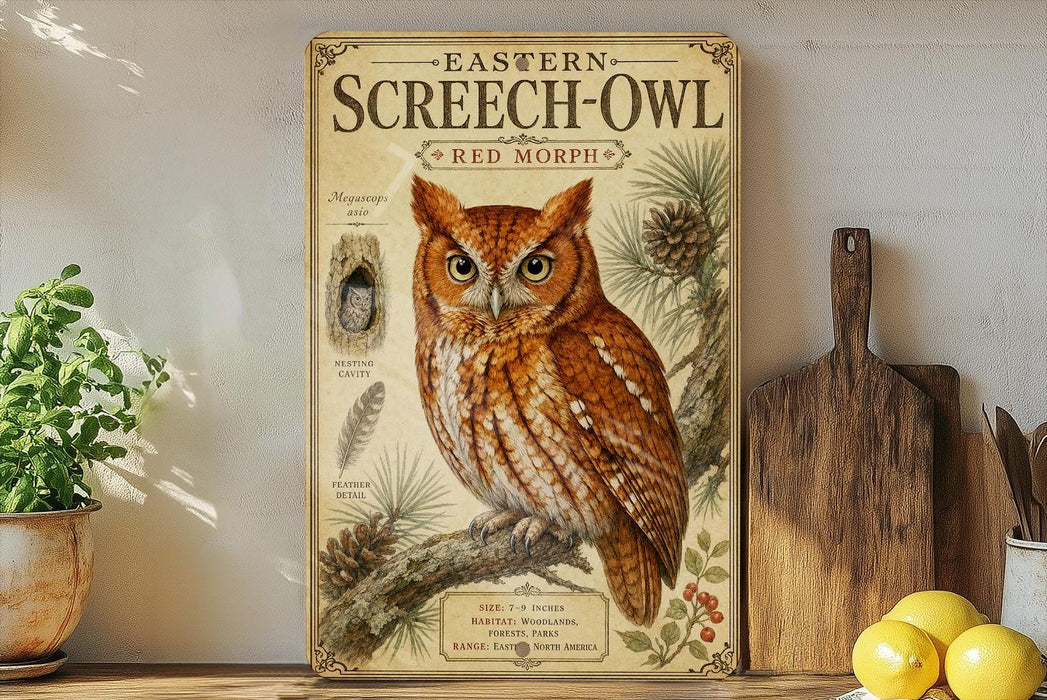 a vintage-style poster of an Eastern Screech- Owl, with a detailed illustration of the bird perched on a branch. The poster is displayed on a shelf, surrounded by various kitchen items such as a cutting board, a knife, and a bowl.
