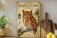 a vintage-style poster of an Eastern Screech- Owl, with a detailed illustration of the bird perched on a branch. The poster is displayed on a shelf, surrounded by various kitchen items such as a cutting board, a knife, and a bowl.