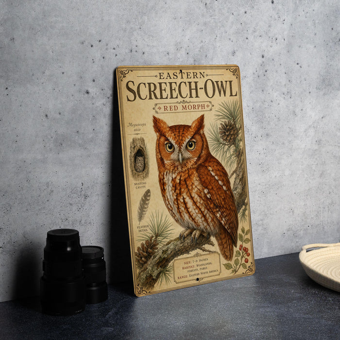 a vintage-style poster of an Eastern Screech- Owl, with a detailed illustration of the bird and its natural surroundings.