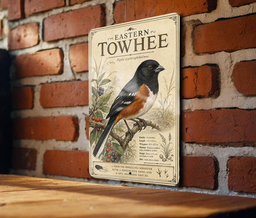 a vintage-style sign with a black and white illustration of a bird, likely a Towhee, perched on a branch. The sign is mounted on a brick wall, and there is a wooden surface below it.