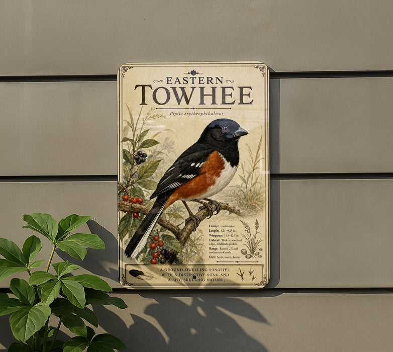 a vintage-style sign for the Eastern Towhee bird, which is a ground-dwelling songbird with a distinctive black, orange, and white plumage.