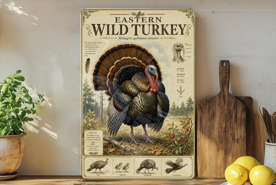 a large illustration of a wild turkey, surrounded by various elements such as a potted plant, a cutting board, and a bowl of fruit.