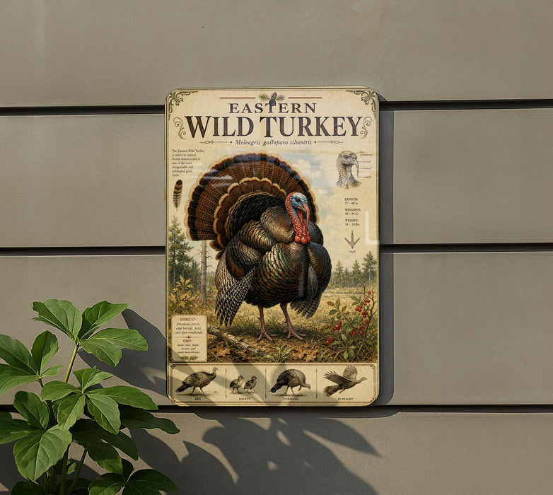 a large, detailed illustration of a wild turkey, with accompanying text and illustrations, mounted on a wall.