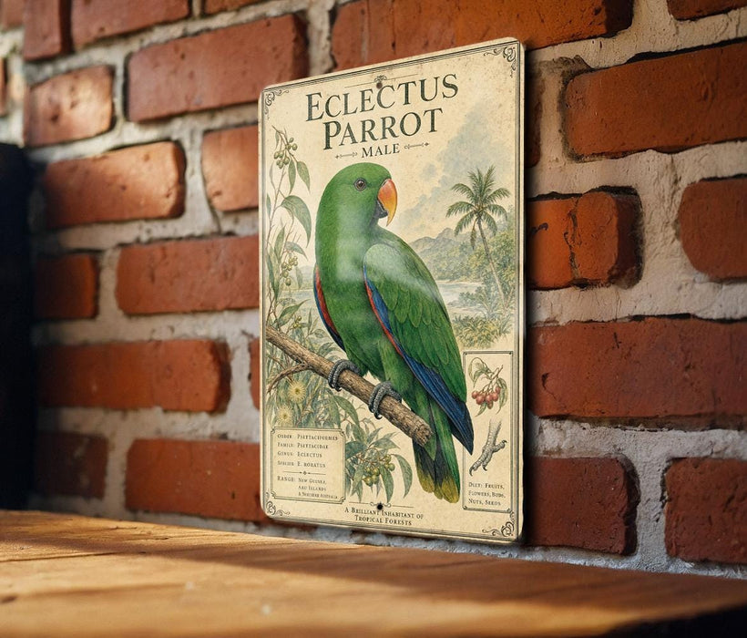 A vintage-style metal plaque featuring an illustration of a green parrot, mounted on a brick wall.
